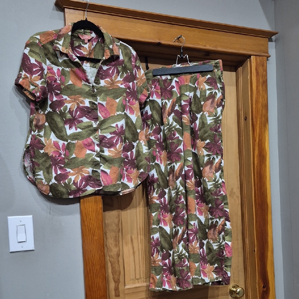 Floral Two-Piece Linen Set in Olive Green & Rose